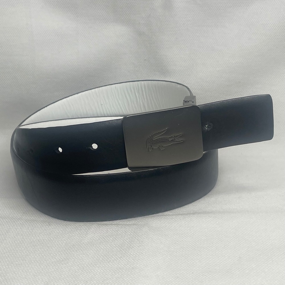 Lacoste Logo Reversible Leather Dress Belt Mens Size US 34 Black White Silver